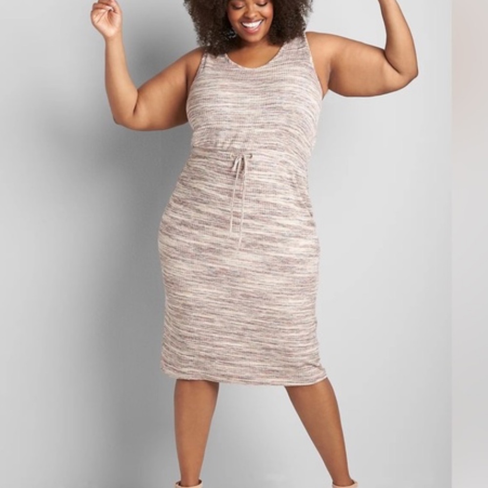 Lane Bryant Sleeveless Tan elastic waist tie Marled Ribbed Midi Dress 26/28